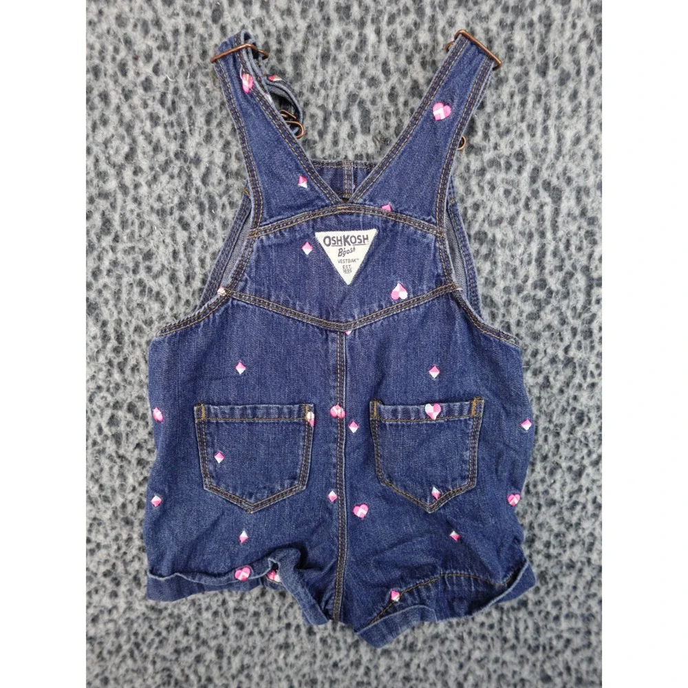 OshKosh Bgosh Toddler Girls Heart Embroidered Denim Shortalls Blue 24M Excellent